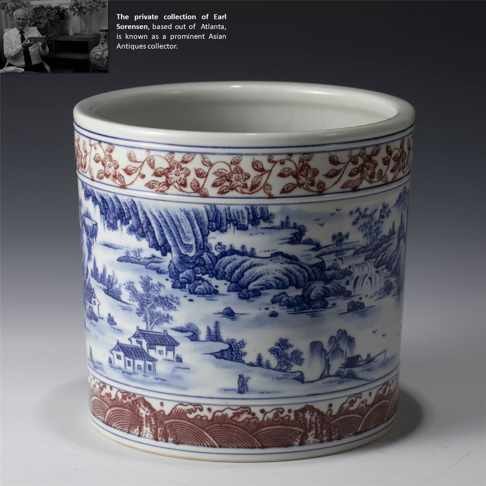 QING YONGZHENG BLUE & WHITE UNDERGLAZE RED BRUSH POT (1 of 10)