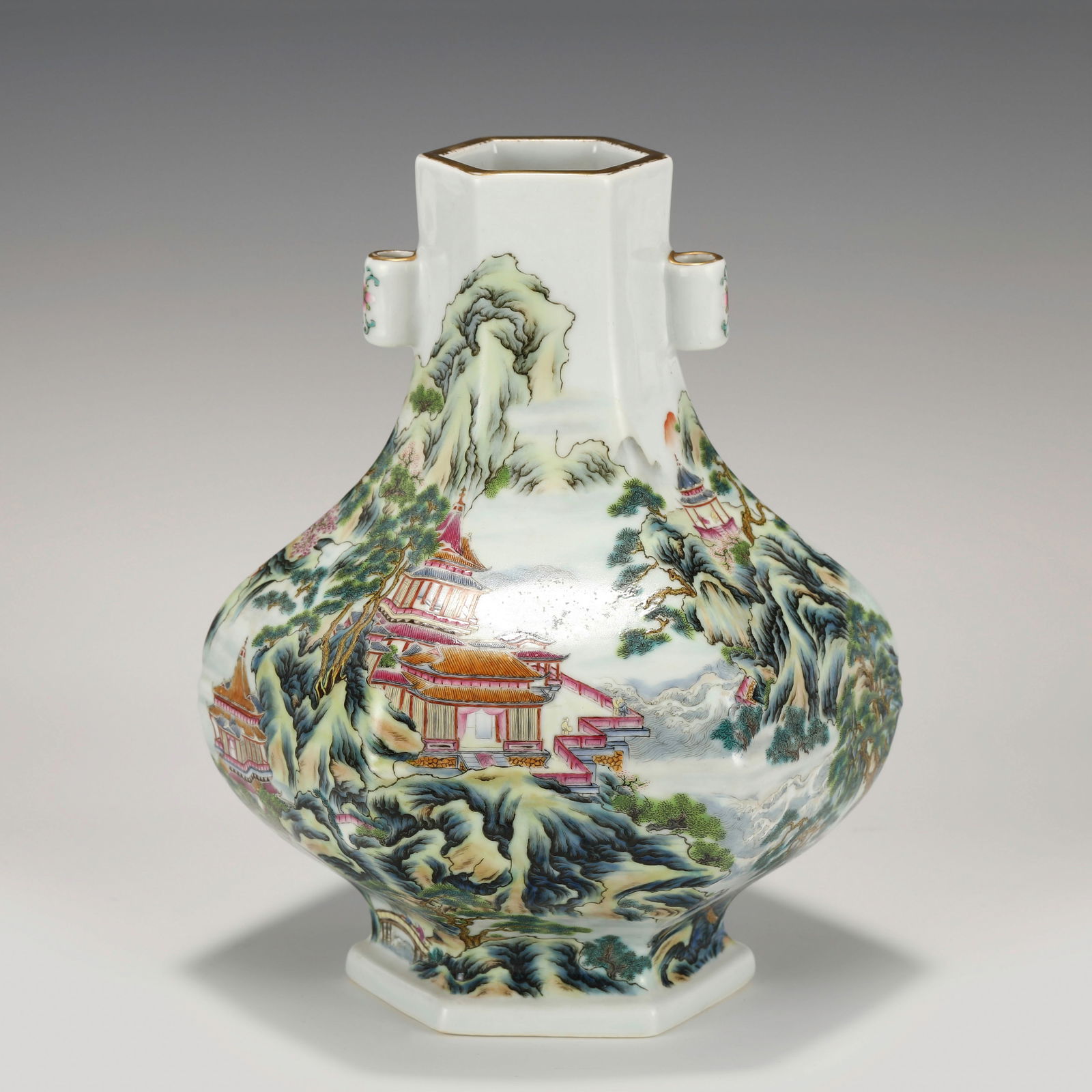 QING QIANLONG FAMILLE ROSE LANDSCAPE AMPHORA VASE (1 of 9)