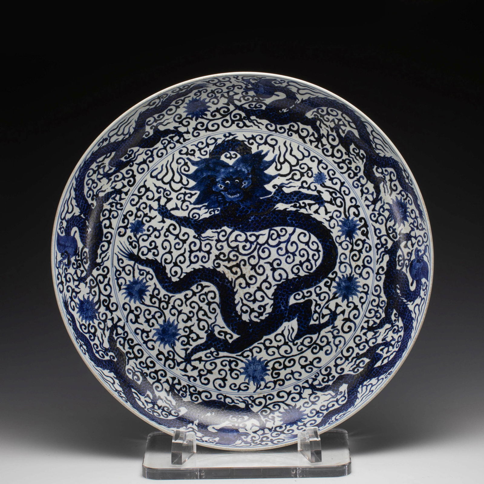 MING WANLI BLUE & WHITE DRAGON LARGE PLATE (1 of 9)
