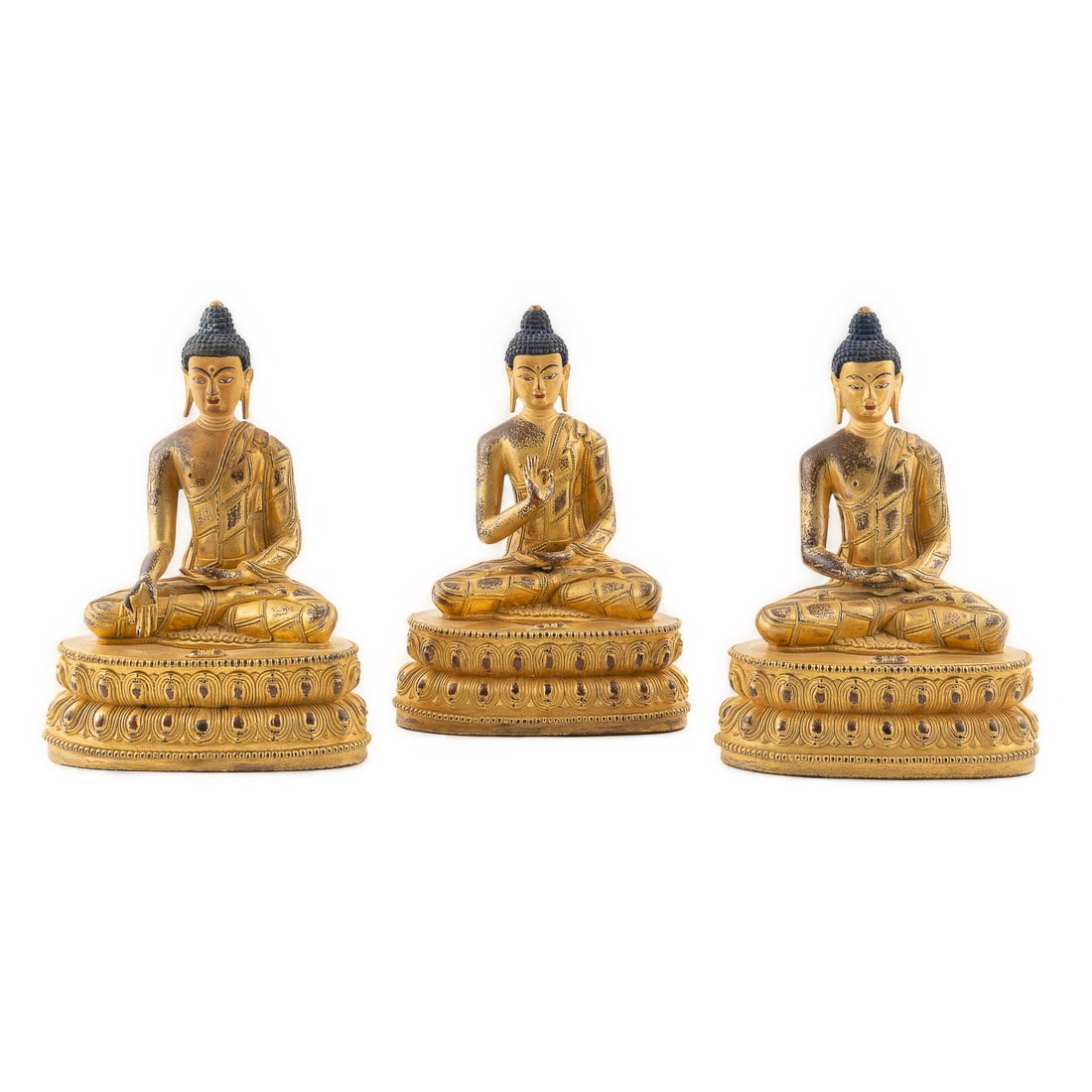SET OF 3 QING GILT BRONZE SHAKYAMUNI BUDDHAS (1 of 1)