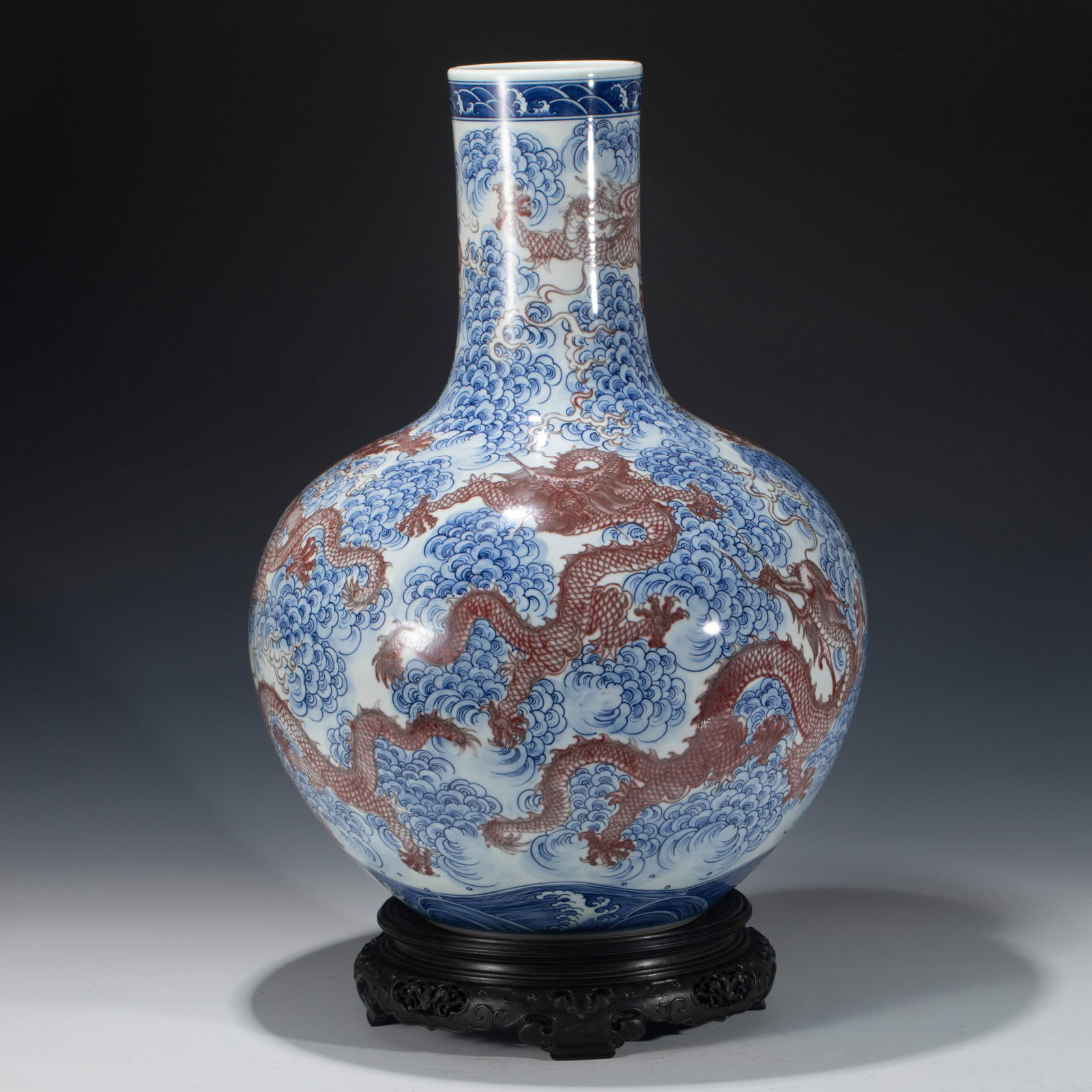 CHINESE YONGZHENG BLUE AND WHITE GLAZE RED DRAGON CELESTIAL VASE (1 of 8)