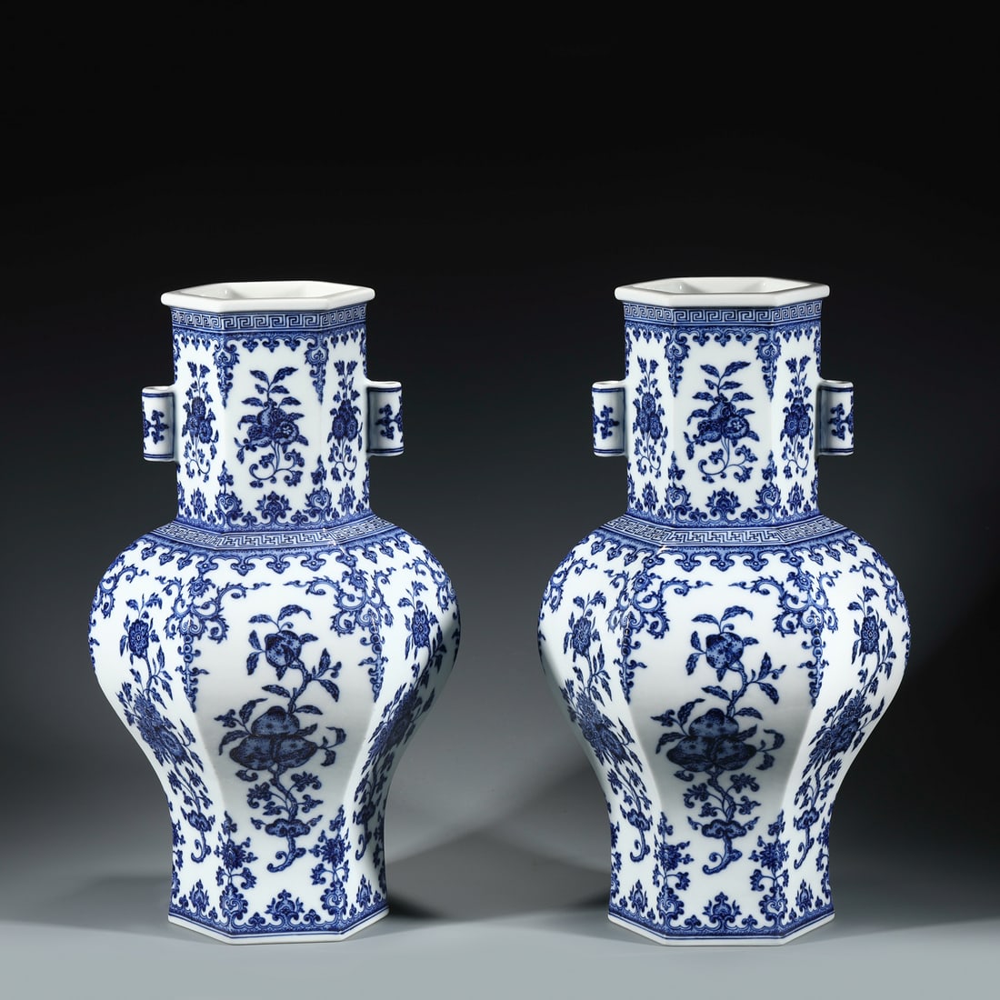 PAIR QING BLUE & WHITE HEXAGONAL VASES (1 of 10)