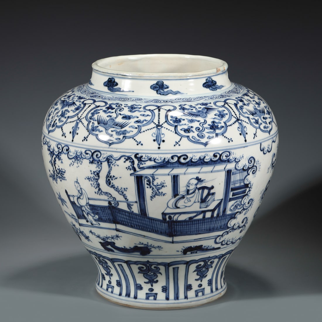 MING BLUE & WHITE FIGURINES JAR: Dimensions: Width: 27cm, Height: 29.5cm Chinese Ming Dynasty Blue and White Porcelain Jar. Potted in jar shape, has an wide open mouth with a slightly out-turned lip, and the short neck leads to a con