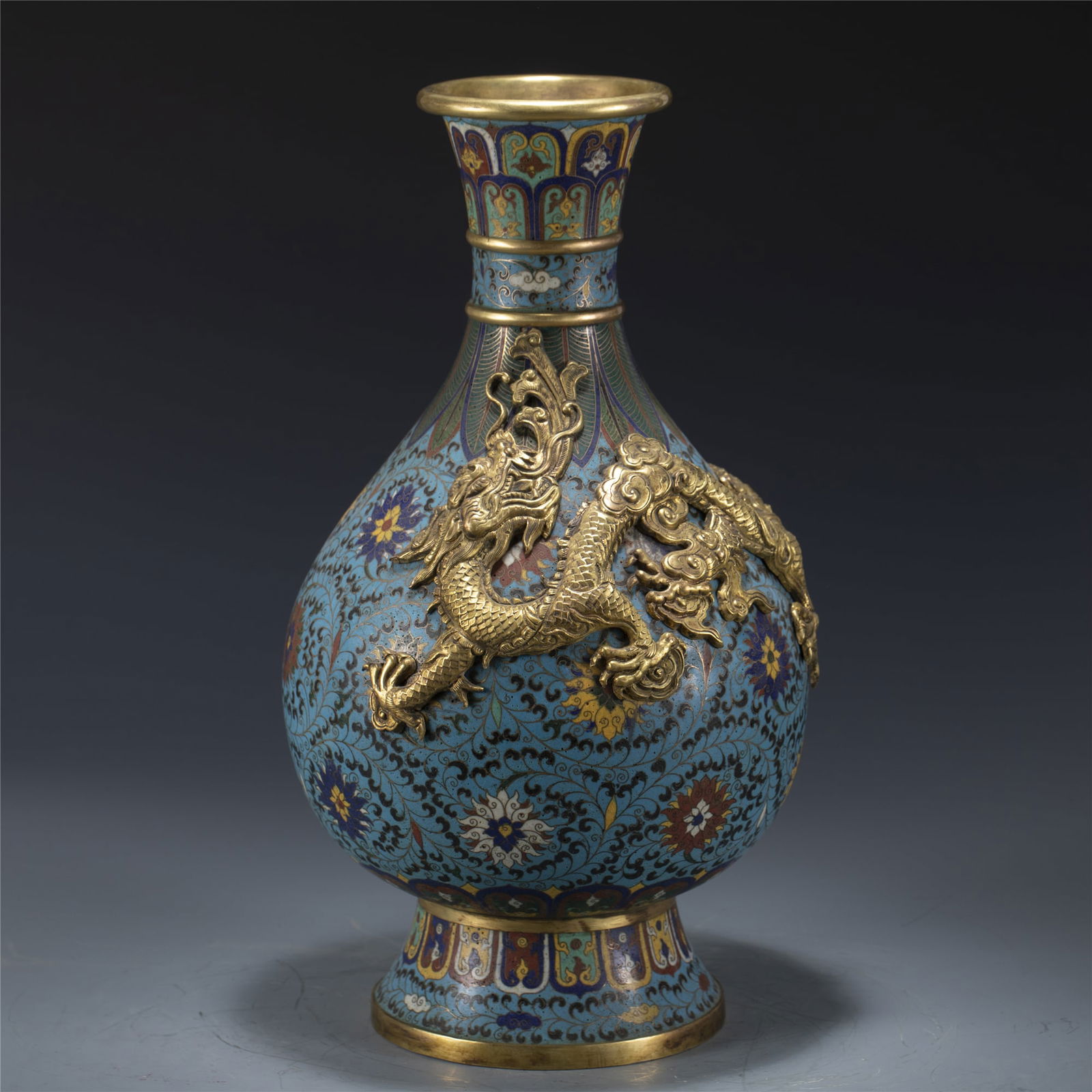MING XUANDE GILT BRONZE CLOISONNE DRAGON YUHU SPRING VASE (1 of 8)