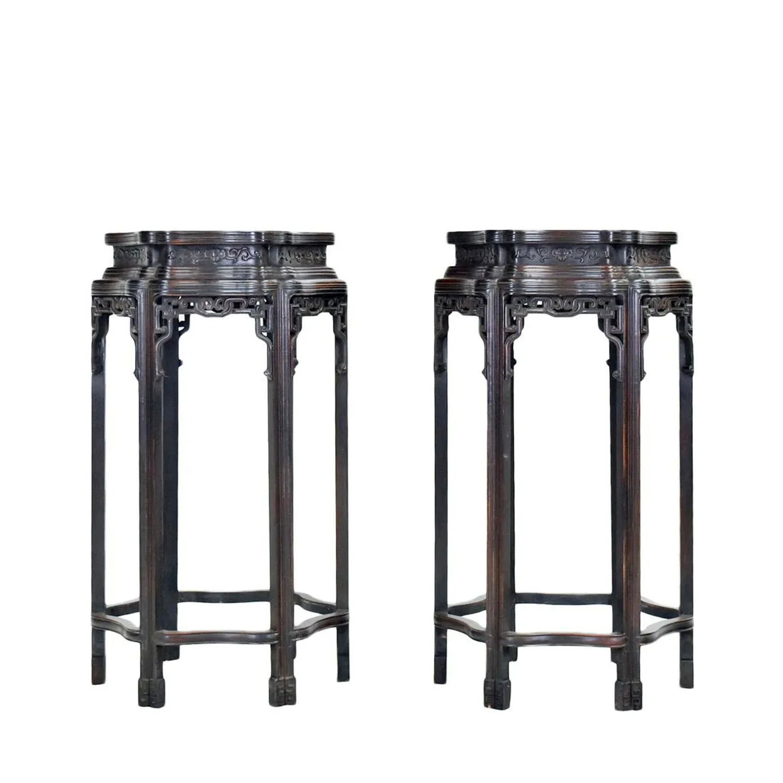 19TH C PAIR OF ZITAN HEXAGONAL FLORI-FORM STANDS (1 of 11)