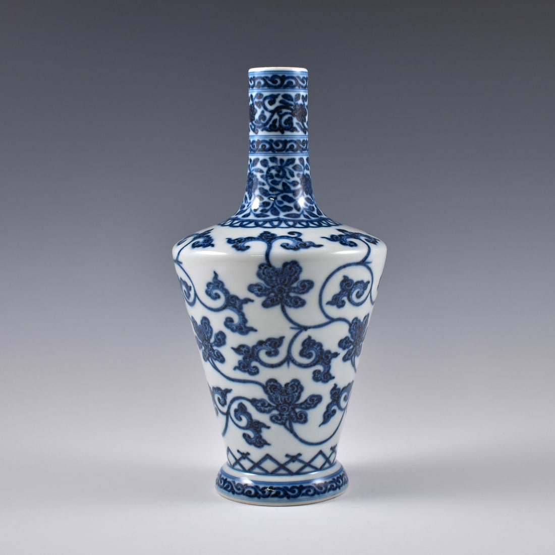 YONGZHENG BLUE & WHITE SCROLLING FLORAL VASE: Dimensions: 11-1/2" H x 6-1/8" Dia. Chinese Qing Dynasty Period, YongZheng vase. The Porcelain potted in large vase, thick and tall, globular body, heavy on the shoulder, gentle tappered to a prominen