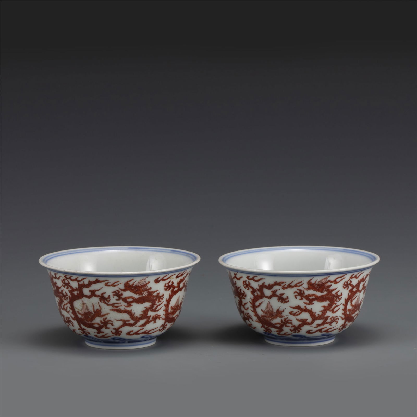 PAIR OF MING LONGQING BLUE & WHITE ALUM RED DRAGON BOWL (1 of 10)