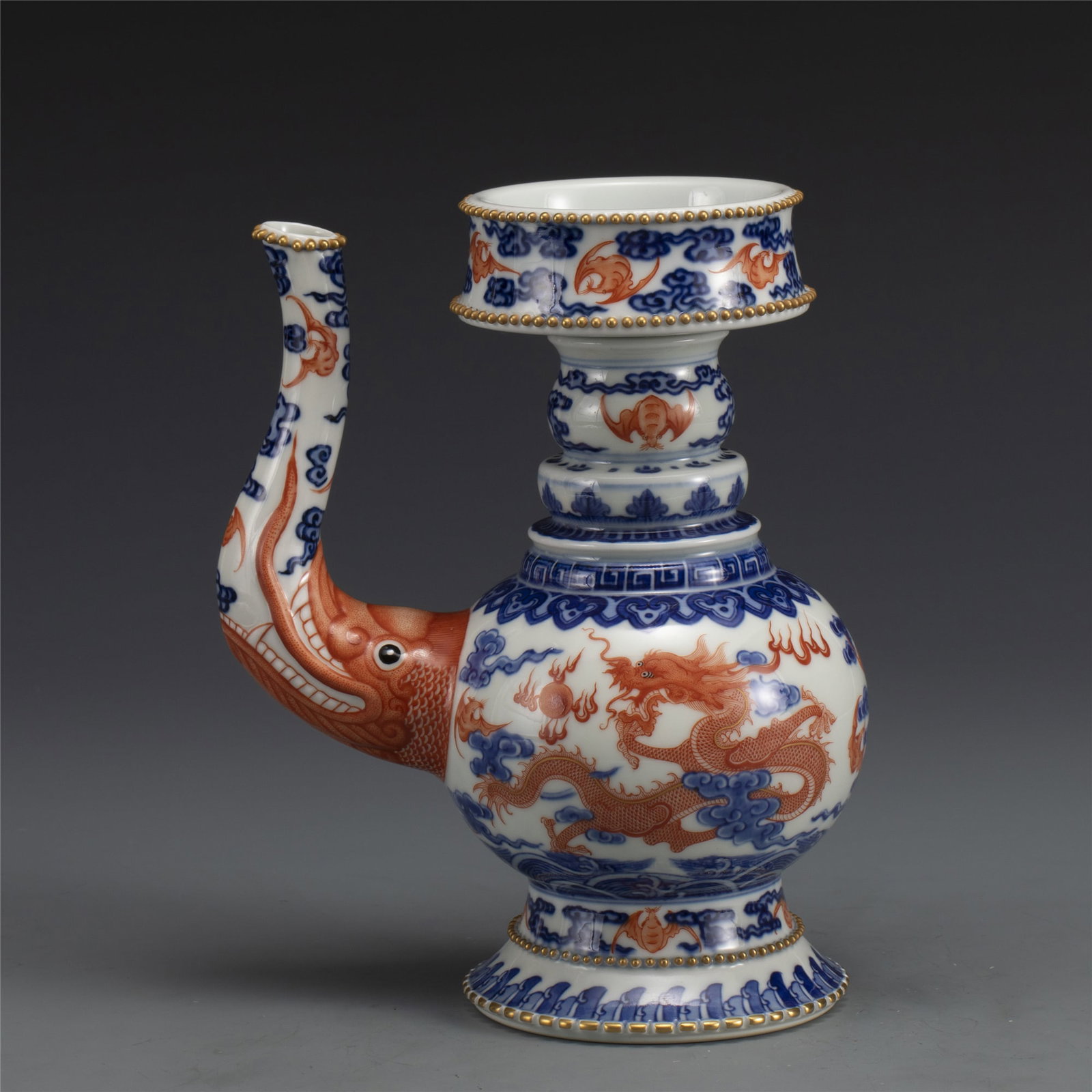 QING QIANLONG BLUE & WHITE ALUM RED WINE POT: Dimensions: Length: 16.8cm, Width: 11cm, Height: 20.5cm. Chinese Qing Dynasty Qianlong Blue and White Alum Red Dragon Porcelain Wine Pot. Potted in wine pot shape, globular body, short cylindrical nec