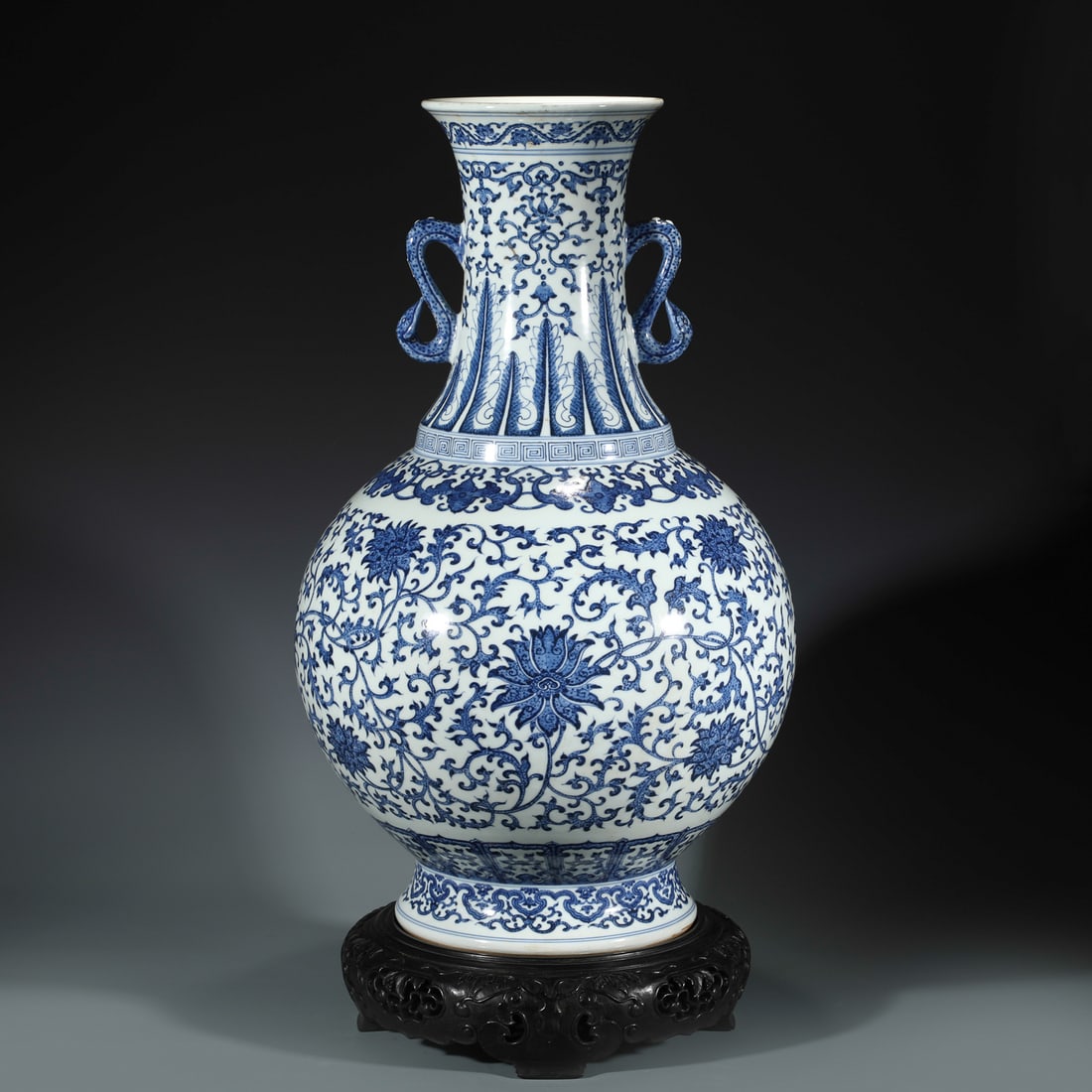 QING BLUE & WHITE WRAPPED FLORAL CELESTIAL VASE ON STAND (1 of 10)