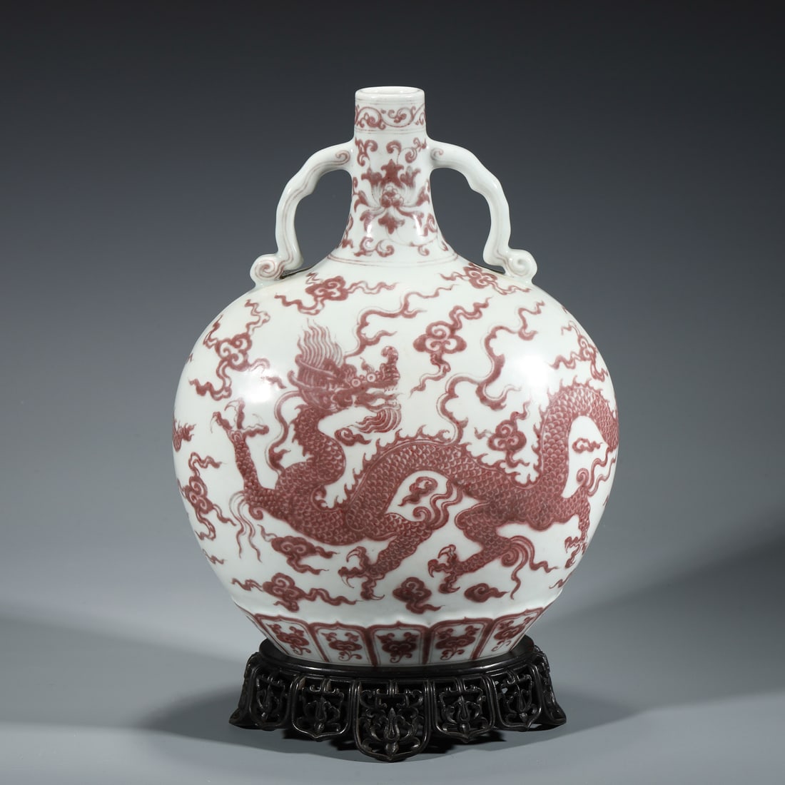 MING UNDERGLAZE RED DRAGON MOON VASE ON STAND (1 of 10)