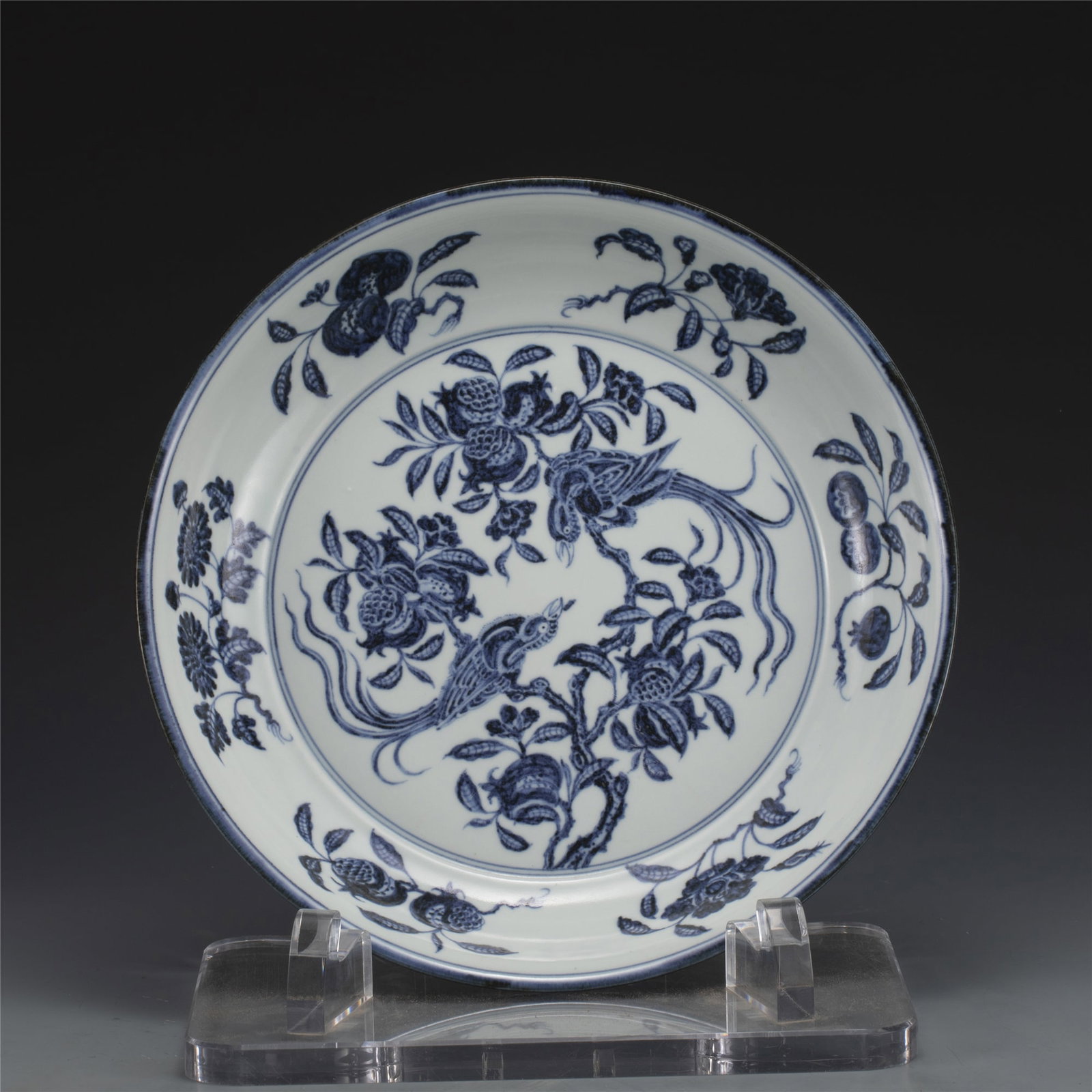 MING XUANDE BLUE & WHITE BIRD PLATE: Dimensions: Width: 41cm, Height: 7.5cm. Chinese Ming Dynasty Xuande Blue and White Bird and floralPorcelain Plate. The plate has a broad wide central interior, round rim, thick and large, raised on co
