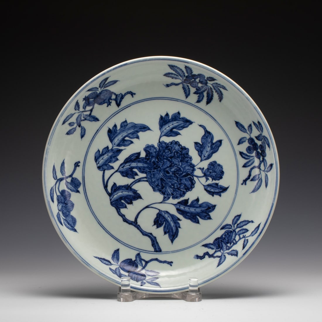 MING BLUE & WHITE FLORAL PLATE: Dimensions: Width: 39 cm x Heigth: 6.4 cm Chinese Ming Dynasty Blue and White Porcelain Plate. The plate has a broad wide central interior, rounded mouth lip, raised on correspondence footed ring base