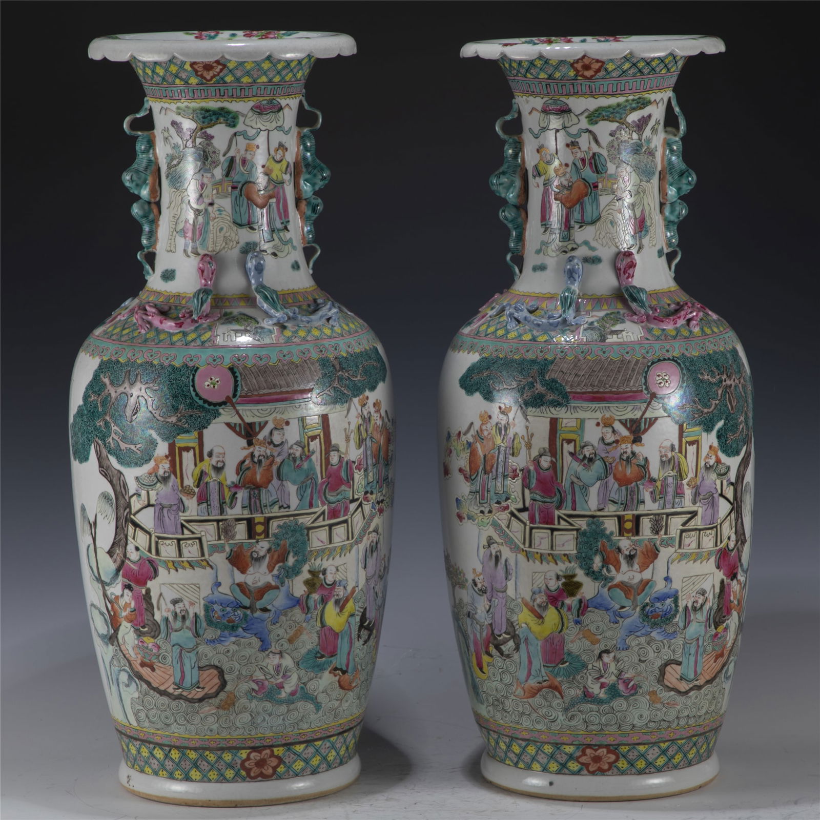 PAIR OF QING FAMILLE ROSE CELEBRATION LARGE BOTTLE VASE (1 of 10)