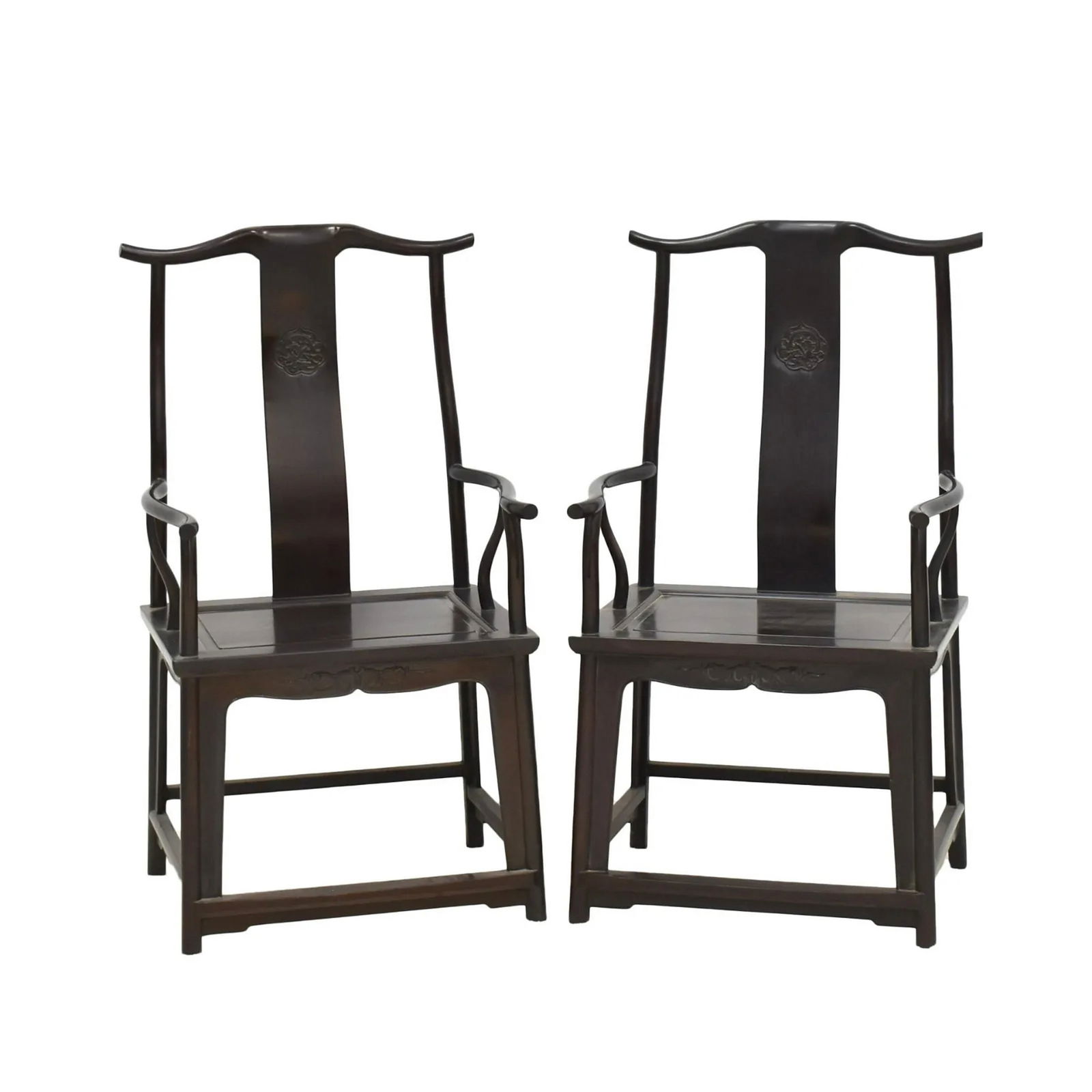 ANTIQUE PAIR ZITAN CARVED OFFICER HAT ARM CHAIRS (1 of 6)