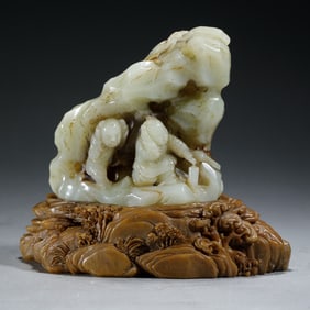 HETIAN JADE CARVED GROTO ON STAND