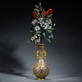 GILT BRONZE & JADE FLOWER VASE