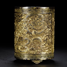 GILT BRONZE DRAGON RELIEFS BRUSH POT