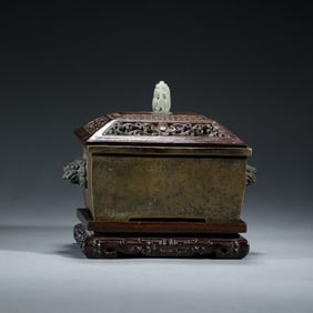 BRONZE FANGDING CENSER WITH JADE FINIAL