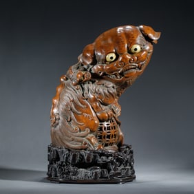 BAMBOO CARVED FU DOG ON STAND