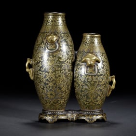 GILT OVERGLAZED PORCELAIN CONJOINED VASES