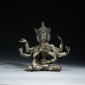 GILT BRONZE 3 FACES & 8 ARMS BUDDHA