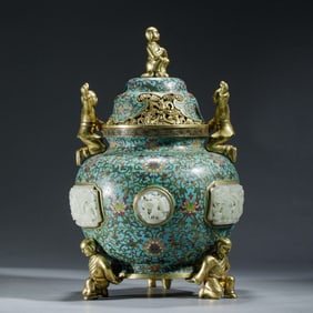 GILT BRONZE CLOISONNE BOYS LIDDED TRIPOD CENSER