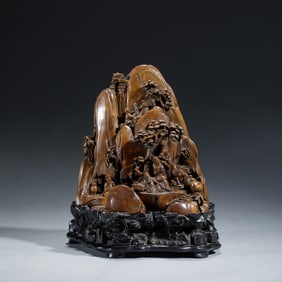 HUANGHUALI WOOD CARVED MOUNTAIN ON STAND