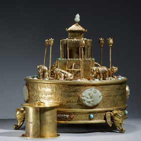 GILT BRONZE AND JADE MINIATURE TEMPLE