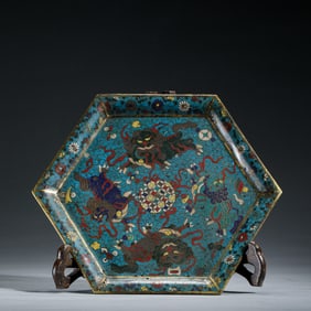 GILT BRONZE CLOISONNE HEXAGONAL PLATE