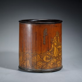 BAMBOO CARVED EIGHT IMMORTALS BRUSH POT