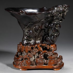 CHINESE ZITAN CARVED WINE CUP ON STAND