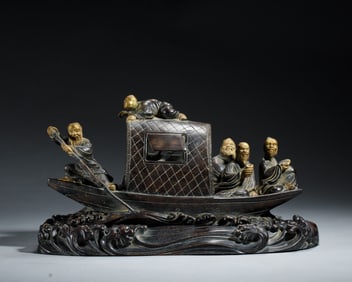 CHENXIANG ALLOESWOOD CARVED BOAT ON STAND