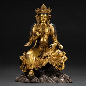 GILT BRONZE SEATED AVALOKITESHVARA BUDDHA