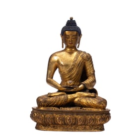 GILT BRONZE SEATED SHAKYAMUNI BUDDHA
