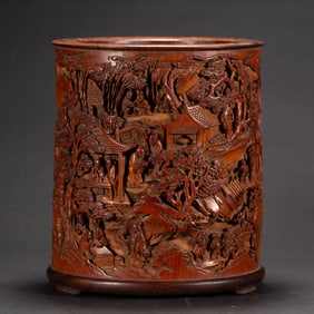 BAMBOO CARVED FIGURINE BRUSH POT