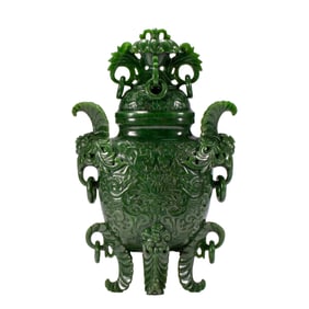 HETIAN GREEN JADE CARVED LIDDED VASE