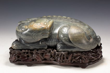 HETIAN JADE CARVED QILIN ON STAND