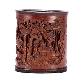 BAMBOO CARVED FIGURINE IN FOREST BRUSH POT