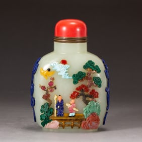 HETIAN JADE & STONES INLAID SNUFF BOTTLE