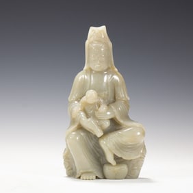 HETIAN JADE CARVED GUANYIN AND CHILD