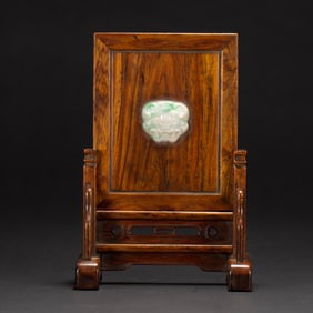 JADE INLAID HUANGHUALI CARVED TABLE SCREEN