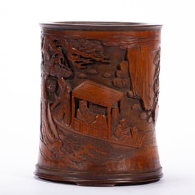 BAMBOO CARVED FIGURINE RELIEFS BRUSH POT