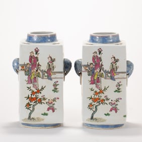 PAIR OF CHINESE FAMILLE ROSE DOUBLE EARS SQUARE VASES