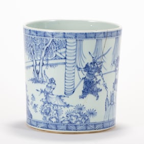 A CHINESE MING BLUE & WHITE FIGURINE BRUSH POT