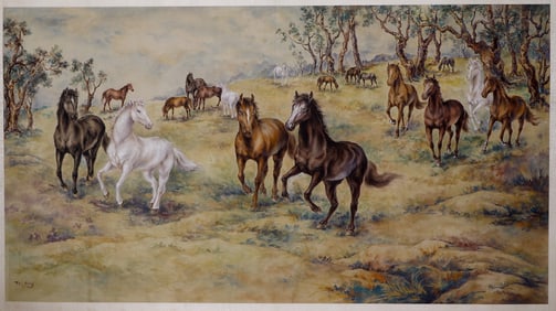 1920 FRAMED XU BEIHONG 徐悲鴻 HORSES PAINTING