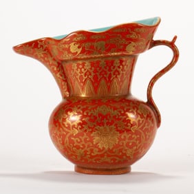 A CHINESE RED AND GOLD PORCELAIN HANGING EWER
