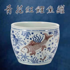 A CHINESE BLUE & WHITE RED CARP JAR