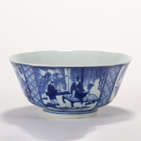 A CHINESE BLUE & WHITE FIGURINE MOTIF BEGONIA BOWL