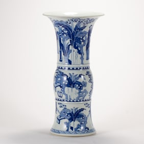 A CHINESE BLUE & WHITE FEMALE MOTIF GU VASE
