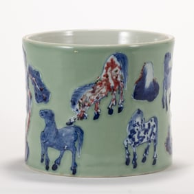 A CHINESE HORSES MOTIF BRUSH POT